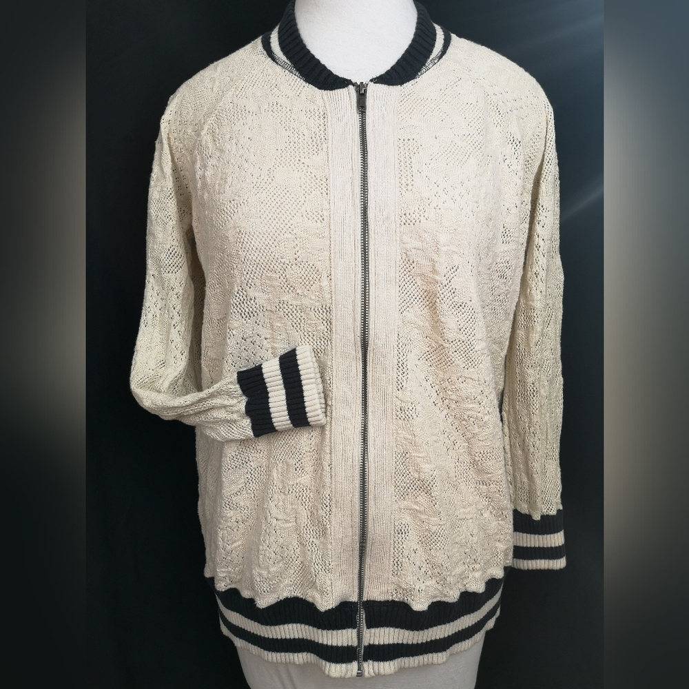 Free People Cream Knit Varsity Jacket with Black Trim